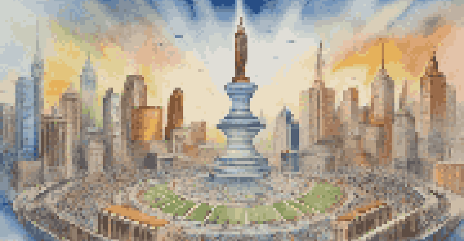 An abstract image showing a scale balancing corporate logos and diverse citizens against a city skyline, symbolizing corporate lobbying.
