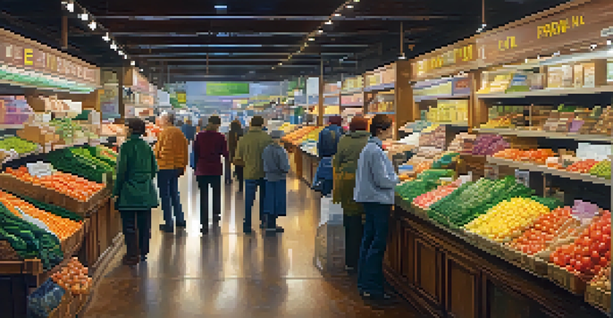 A vibrant market scene with colorful product displays and pricing tags, illuminated by warm light, with customers interacting with vendors.