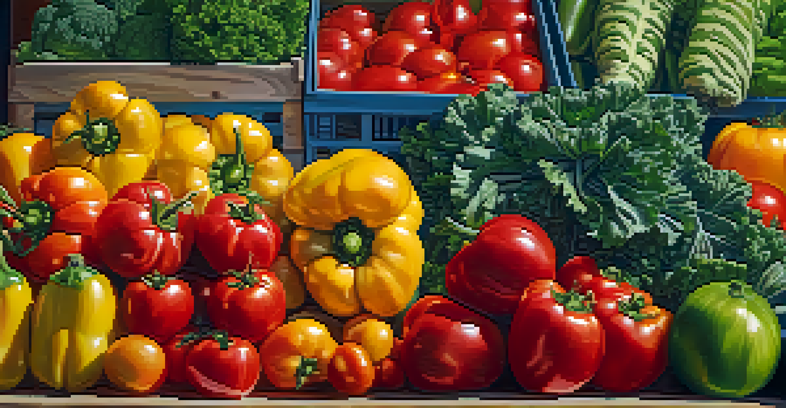A close-up view of a fresh market stall filled with colorful fruits and vegetables.