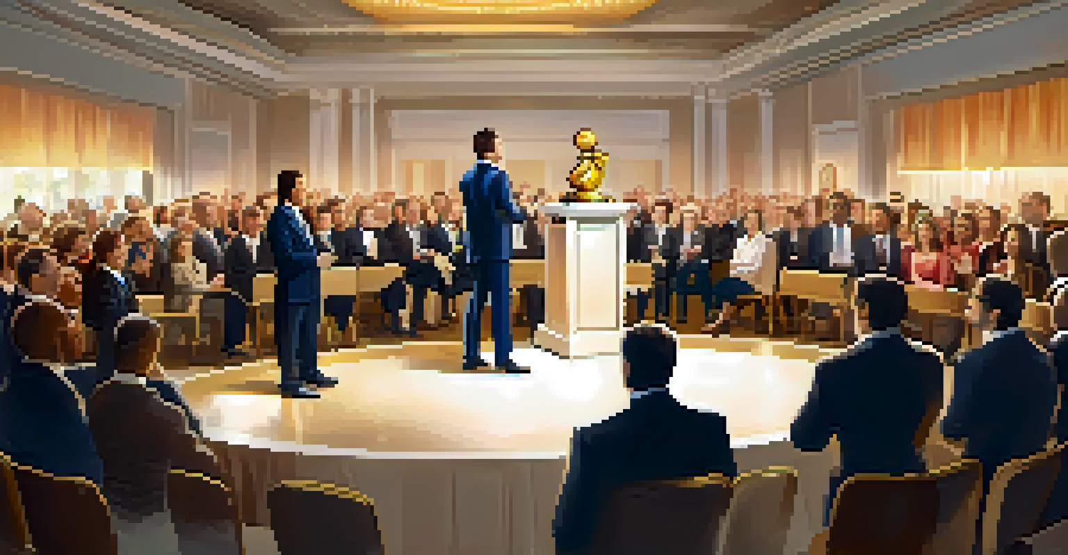A corporate awards ceremony where an employee receives a trophy for their innovative contribution, with others applauding.