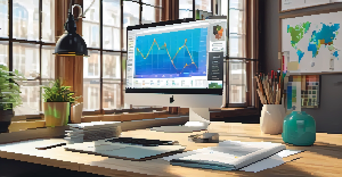A colorful marketing workspace with charts, a laptop, and a bulletin board filled with creative ideas, illuminated by natural light.