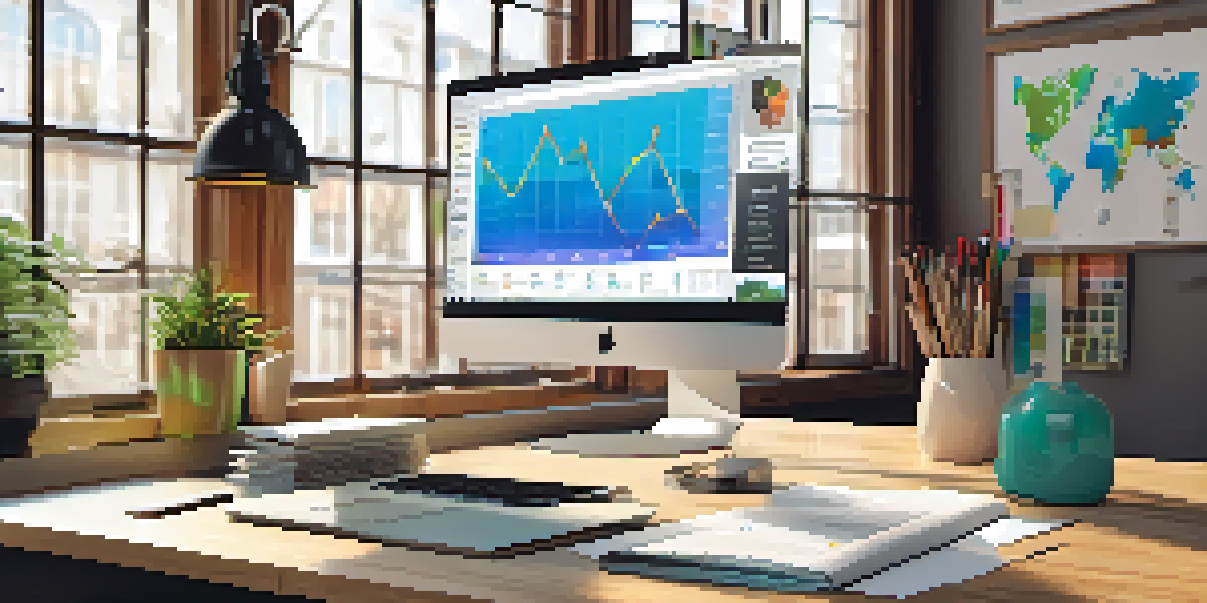 A colorful marketing workspace with charts, a laptop, and a bulletin board filled with creative ideas, illuminated by natural light.