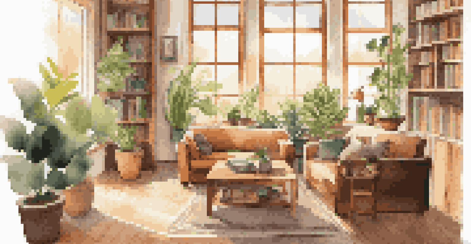 A cozy living room with eco-friendly furniture, plants, and natural sunlight, featuring a recycled material sofa and ethically sourced books.