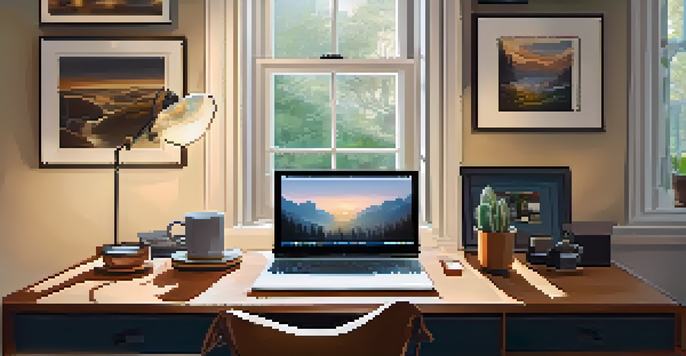 A warm and inviting home office with a laptop on a desk, a coffee cup, and framed art on the walls.