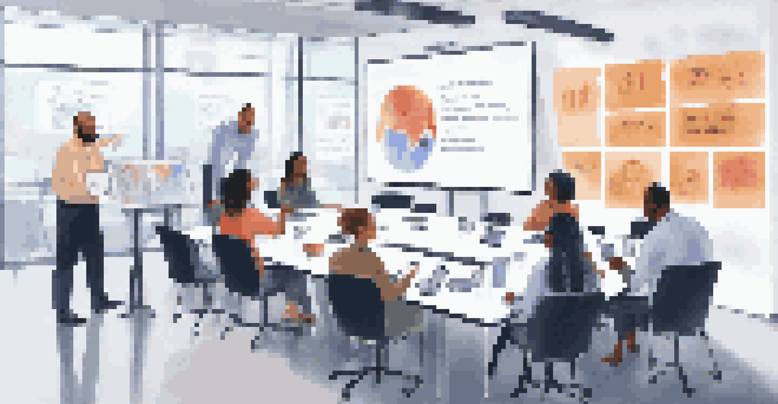 A group of diverse employees participating in a risk management training session, discussing technology risks in a modern meeting room.