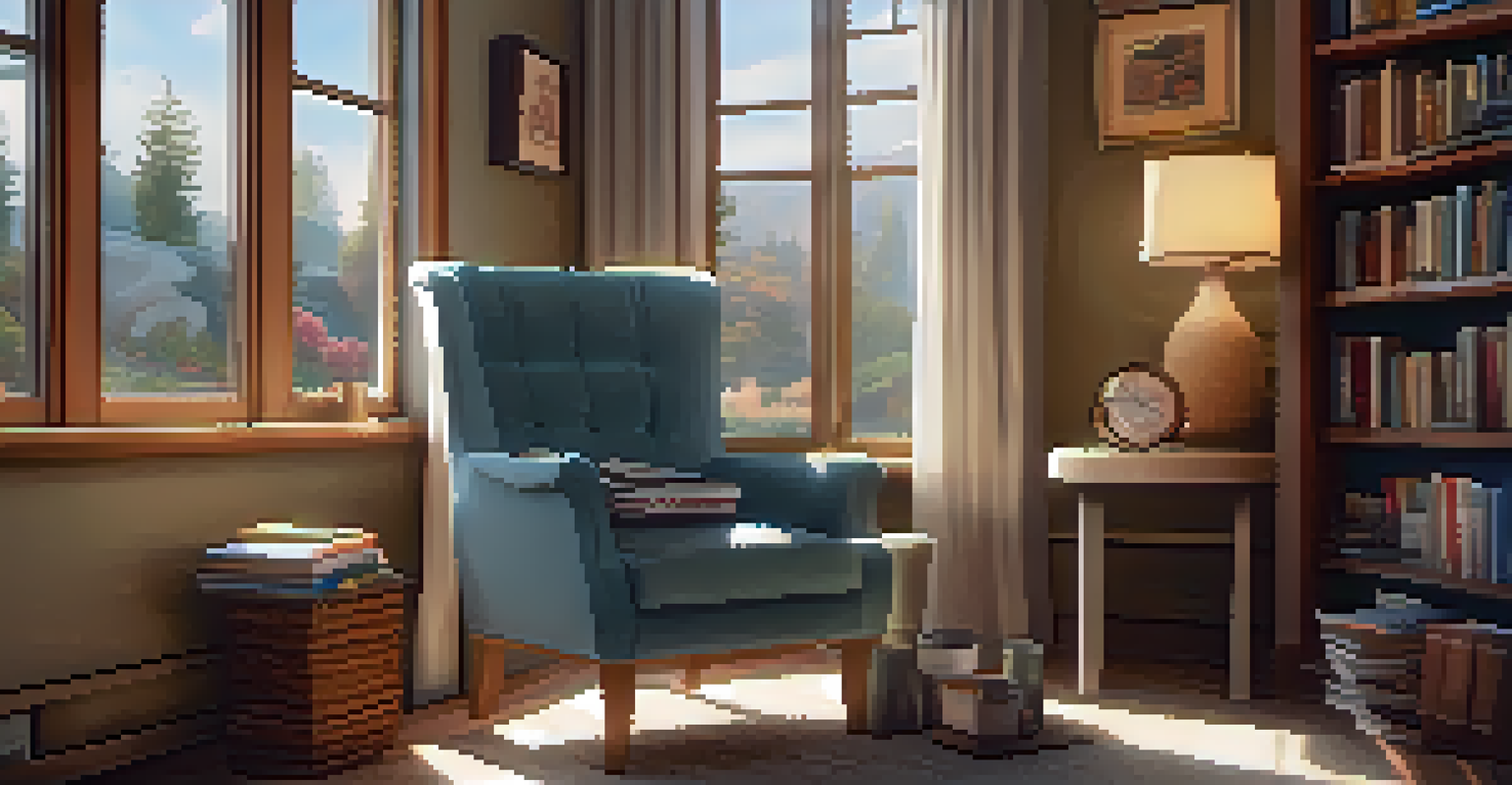 A cozy reading nook with a comfortable armchair, books, and a warm cup of tea by the window.
