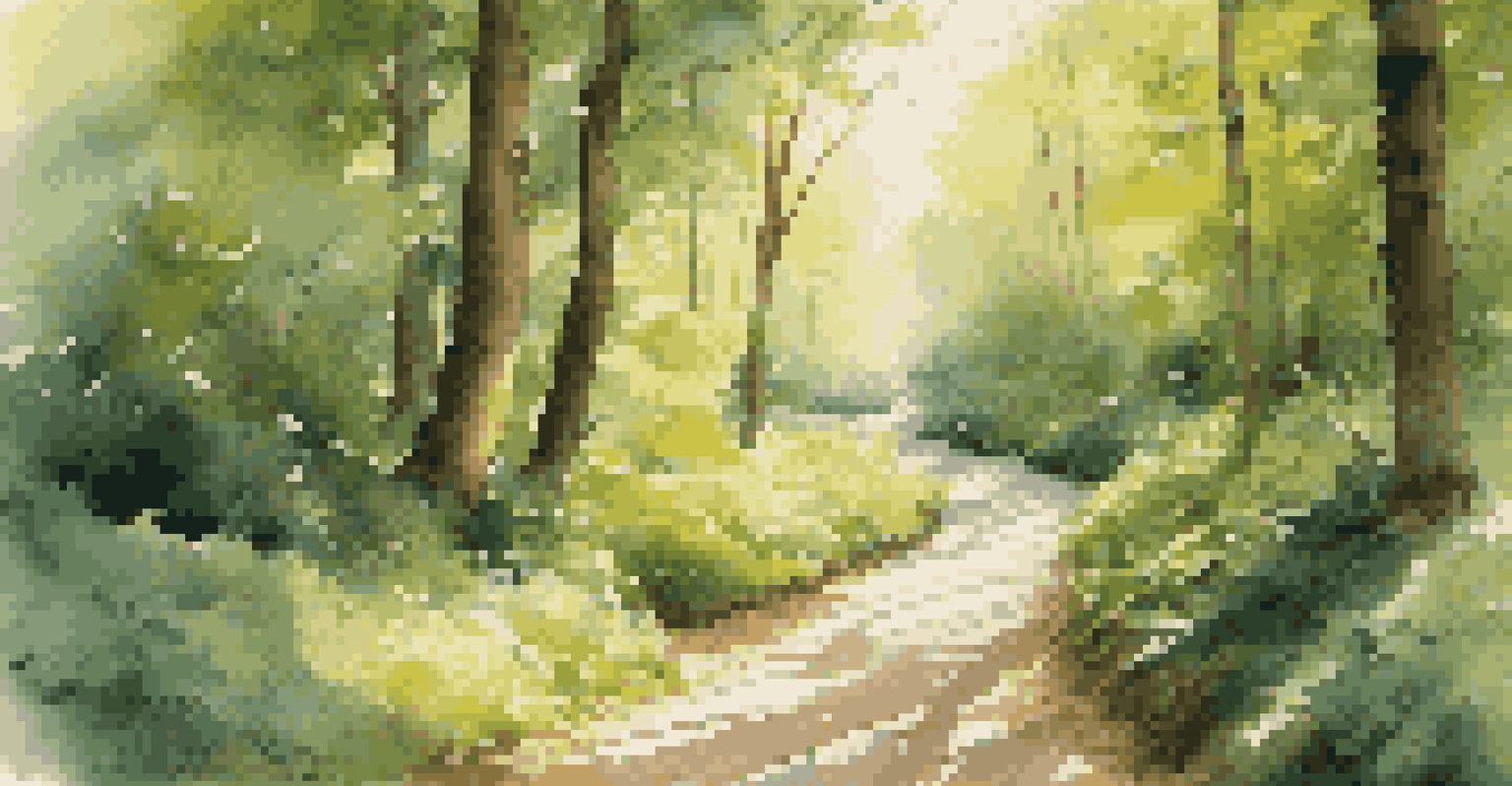 A winding path through a lush forest with signposts representing change management principles under dappled sunlight.