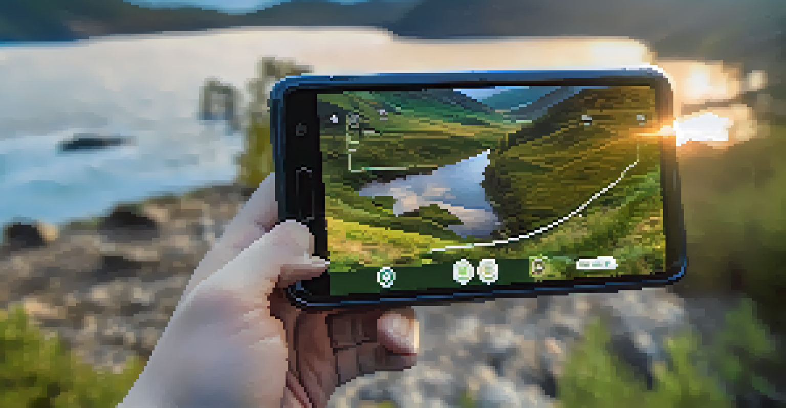 A smartphone displaying an AR app for outdoor gear visualization against a scenic landscape background.