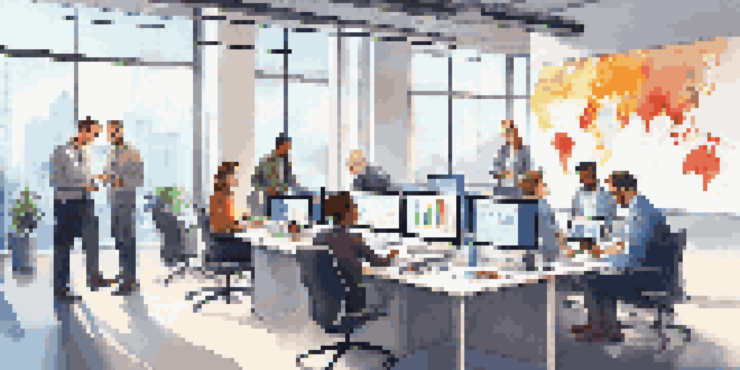 A diverse team of professionals in a modern office discussing business automation with data displayed on a screen.