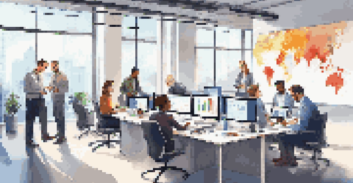 A diverse team of professionals in a modern office discussing business automation with data displayed on a screen.