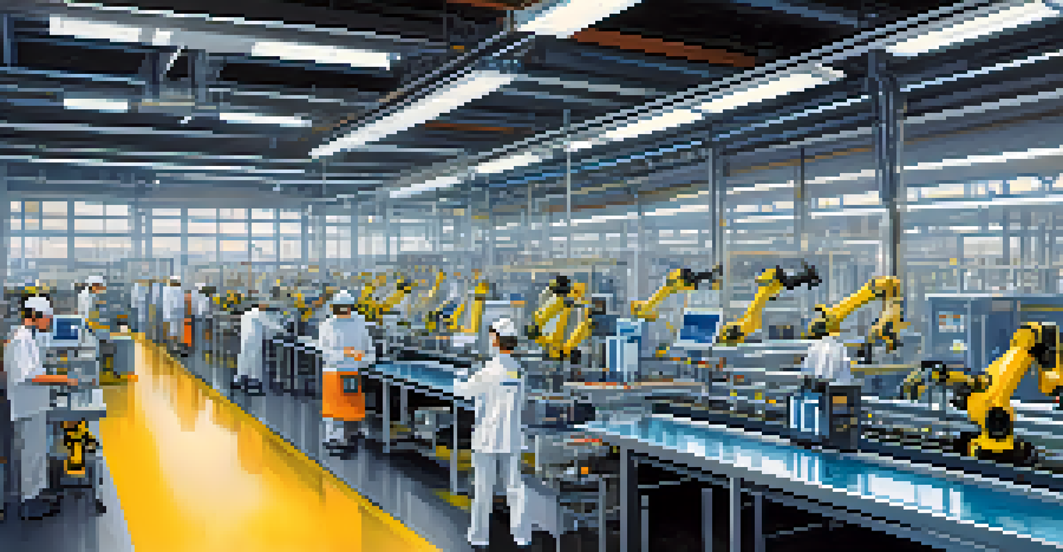 An automated manufacturing facility featuring robotic arms and a technician monitoring the assembly process.