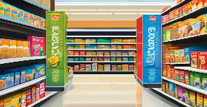 A grocery store aisle filled with various cereal boxes, highlighting one brightly colored box that stands out.