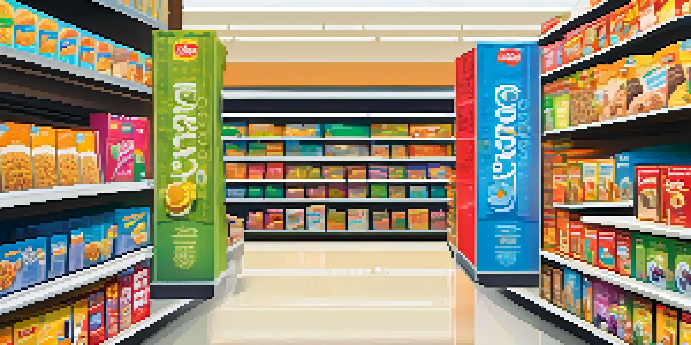 A grocery store aisle filled with various cereal boxes, highlighting one brightly colored box that stands out.