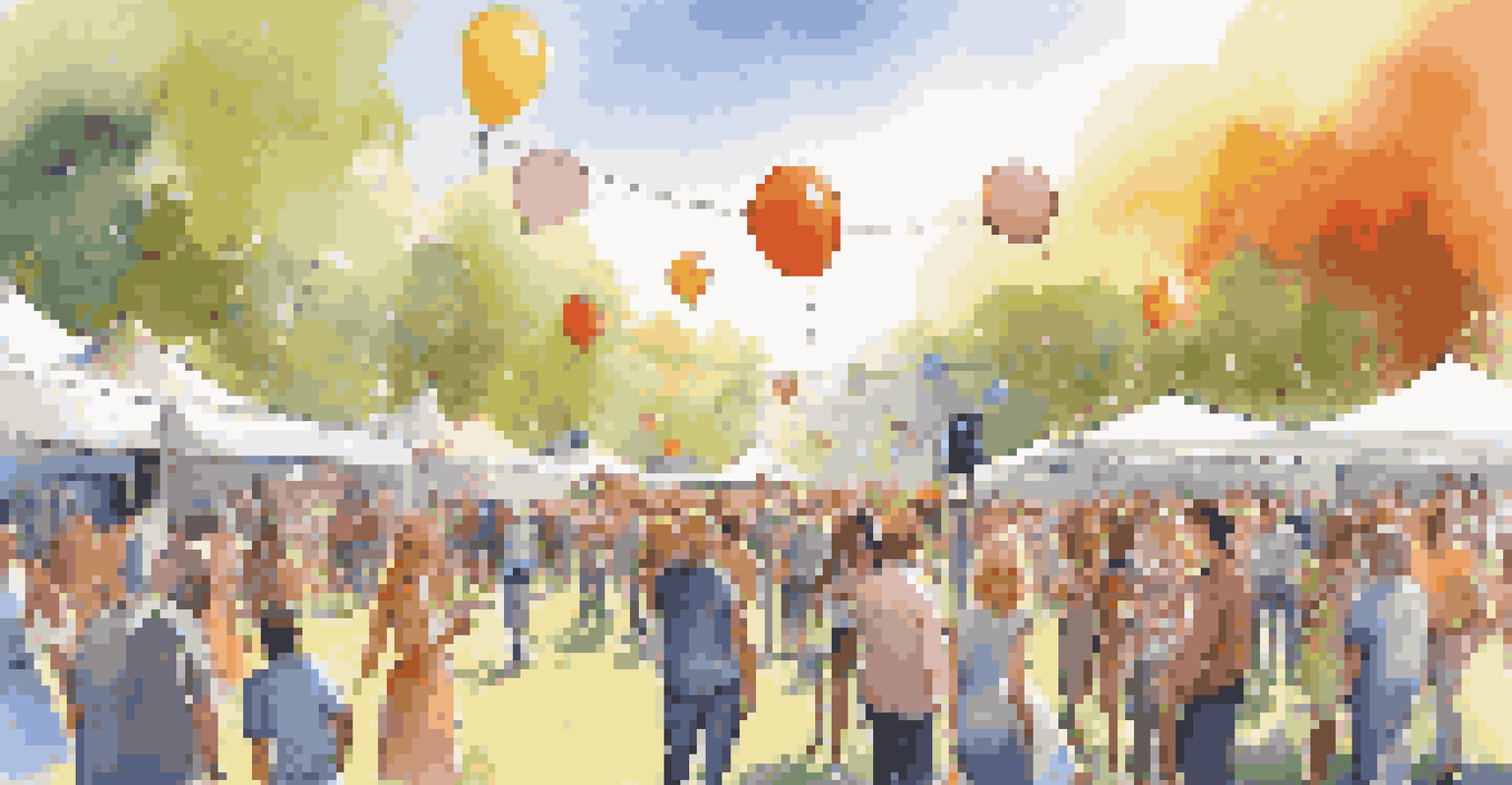 A lively outdoor event in a park with people interacting around booths for a product launch, under a sunny sky.