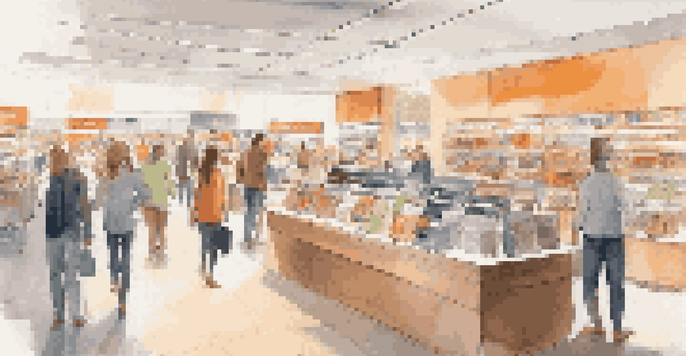 A busy retail store with customers using digital kiosks and engaging with employees, emphasizing a modern shopping experience.