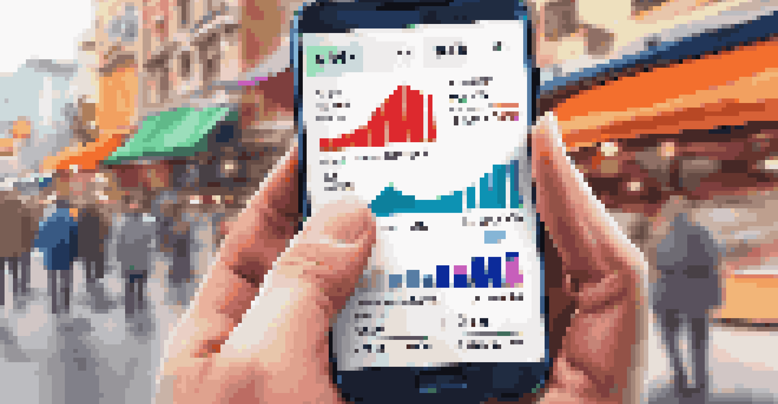 A close-up of a hand holding a smartphone showing a pricing comparison app with graphs and charts.