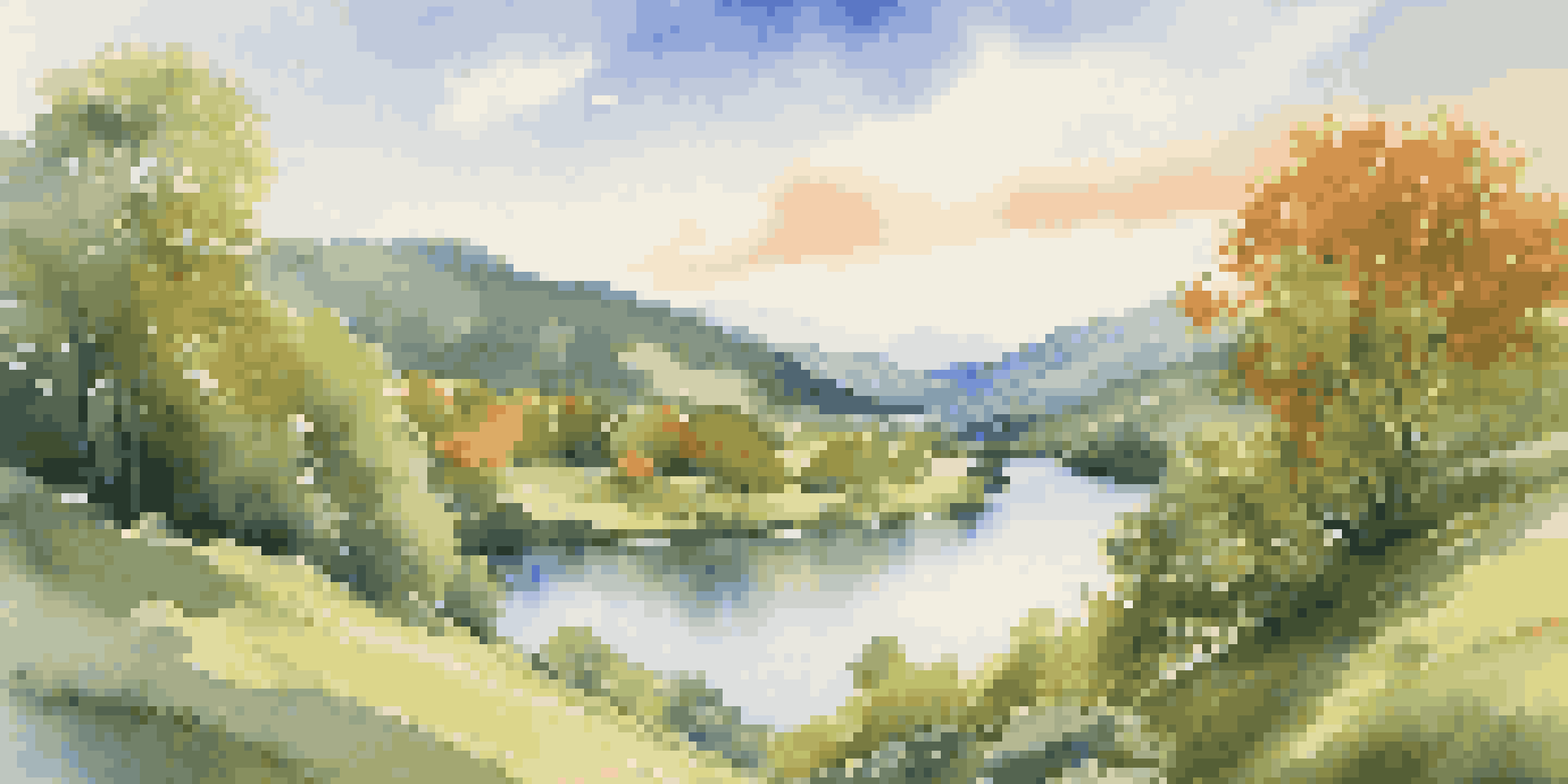 A peaceful river landscape with green hills and a blue sky dotted with clouds.