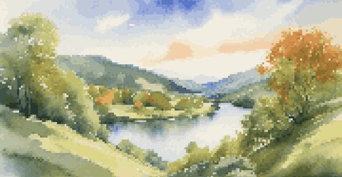 A peaceful river landscape with green hills and a blue sky dotted with clouds.