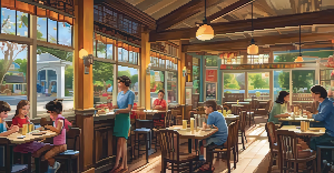 A lively family restaurant filled with families enjoying their meals, featuring colorful decor and a children's play area, illuminated by soft natural light.