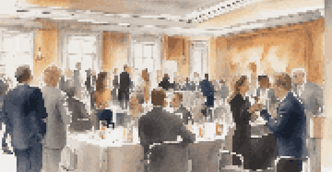A bustling networking event with professionals in business attire engaging in conversation in a well-decorated conference room.