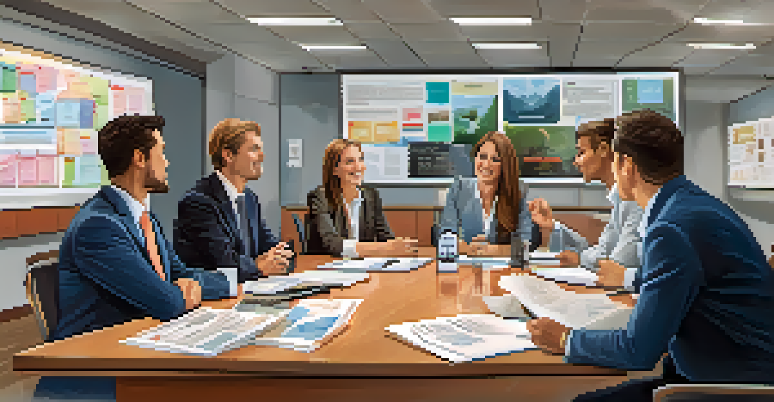 A manager discussing ideas with team members in a bright conference room filled with motivational posters.