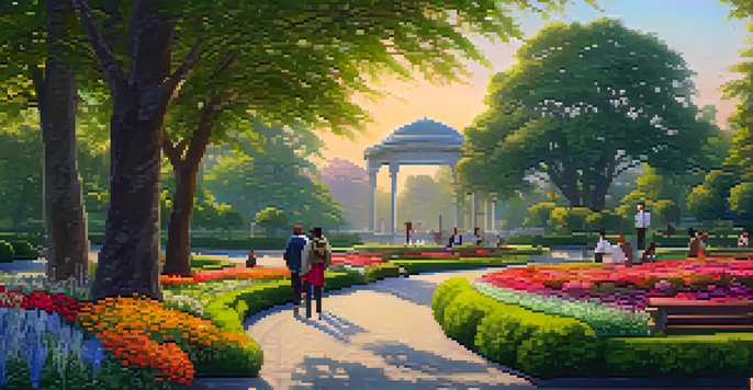 A peaceful park scene at sunset with people enjoying the surroundings and colorful flower beds.