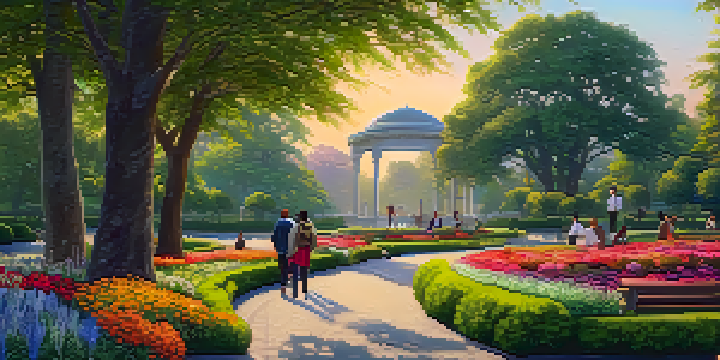A peaceful park scene at sunset with people enjoying the surroundings and colorful flower beds.