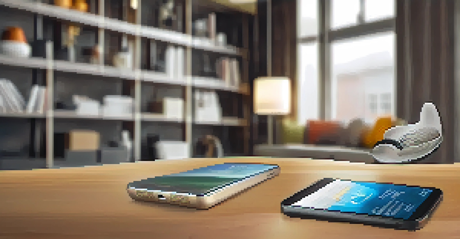 A smartphone on a wooden surface displaying a mobile shopping app with product categories, set in a cozy living room.