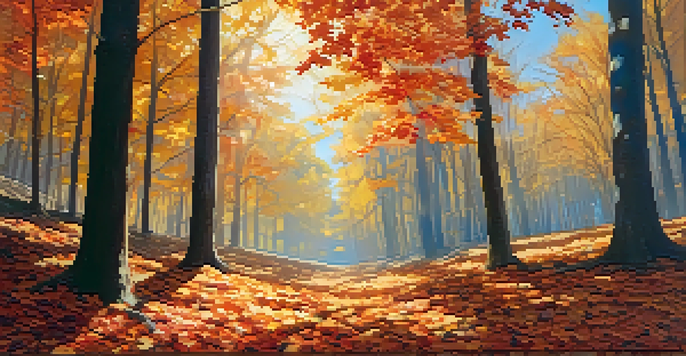 A peaceful autumn forest scene with colorful leaves falling and sunlight filtering through the trees.