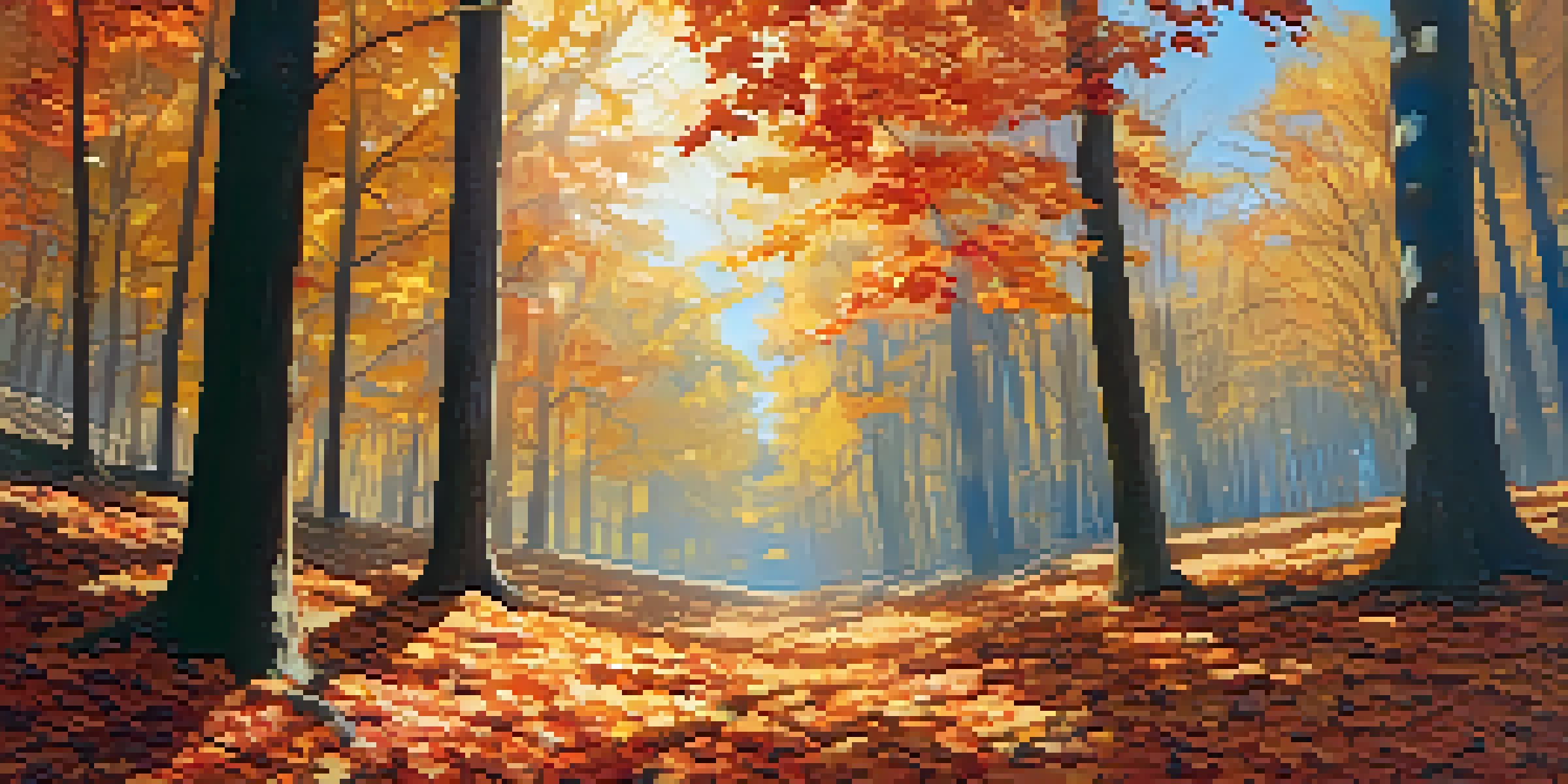 A peaceful autumn forest scene with colorful leaves falling and sunlight filtering through the trees.