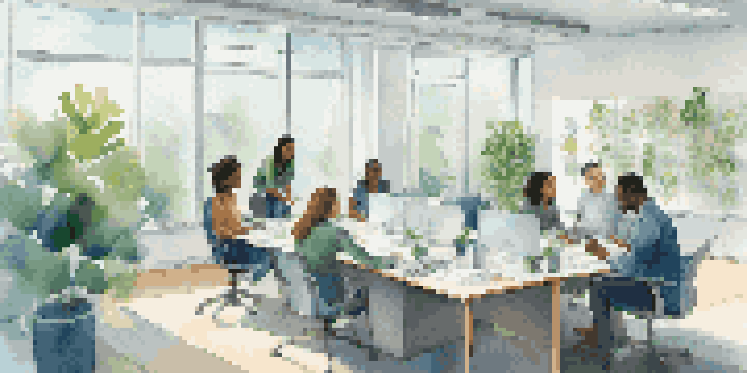 A diverse group of employees collaborating in a bright office space with natural light and plants.