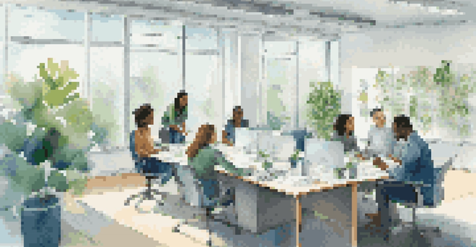 A diverse group of employees collaborating in a bright office space with natural light and plants.