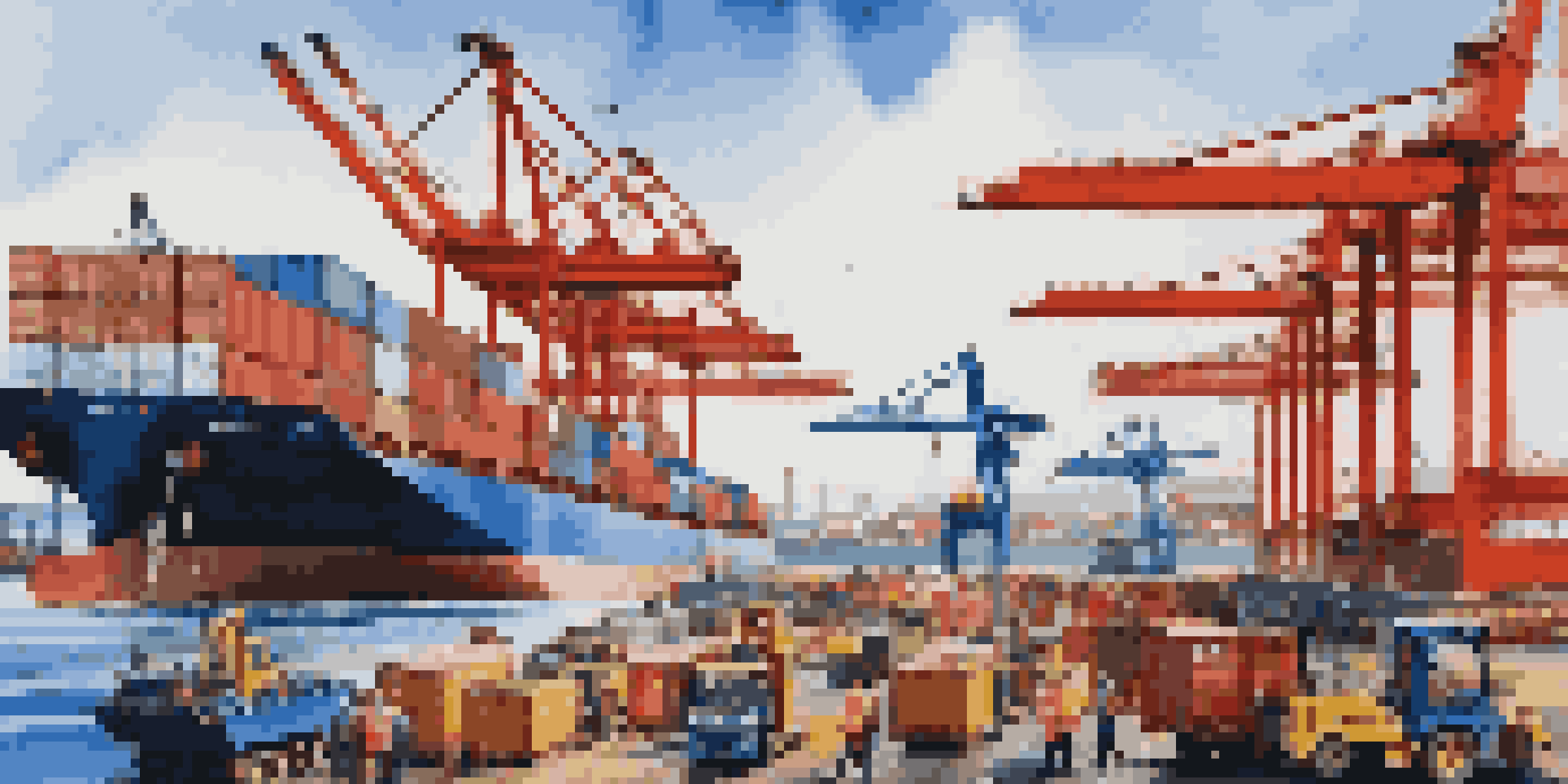 A busy international trade port with colorful cargo containers, cranes, and ships, representing global commerce.