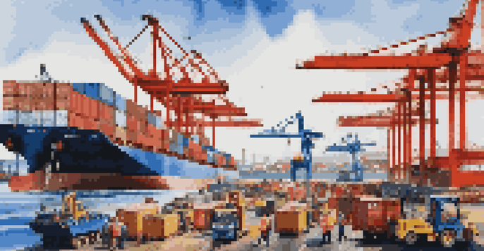 A busy international trade port with colorful cargo containers, cranes, and ships, representing global commerce.