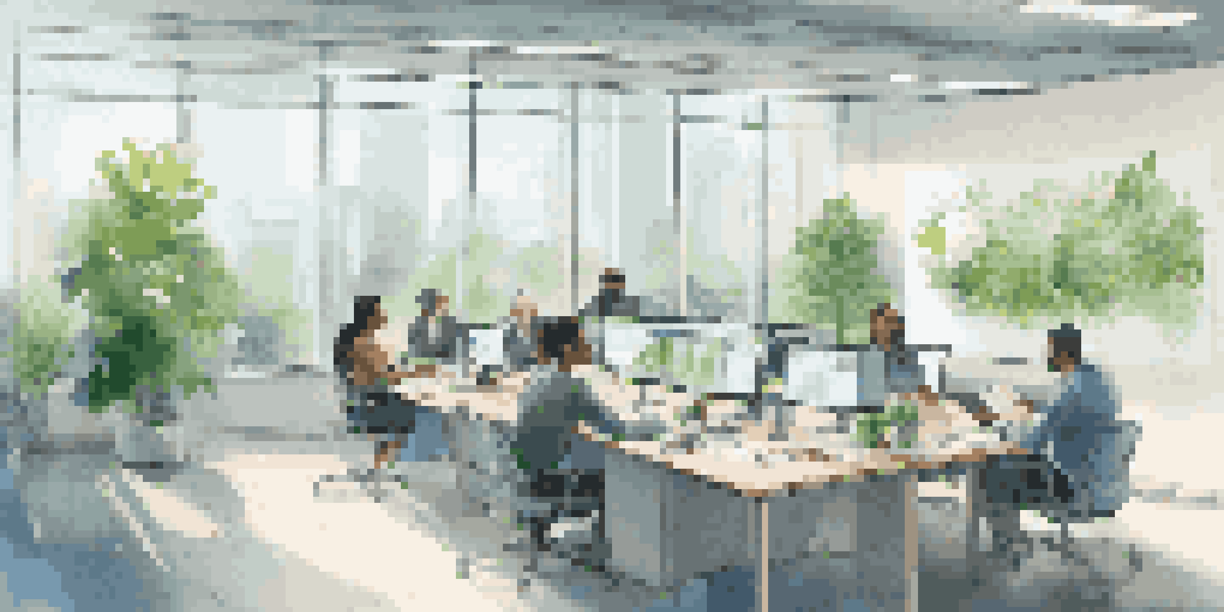 A modern corporate office with diverse employees collaborating on a CSR initiative, surrounded by plants and natural light.