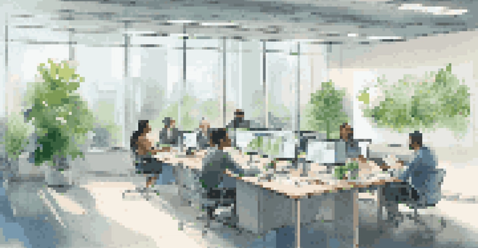A modern corporate office with diverse employees collaborating on a CSR initiative, surrounded by plants and natural light.