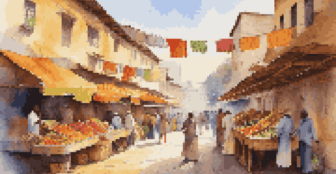 A bustling marketplace filled with colorful stalls and people from diverse backgrounds engaging in commerce under warm sunlight.
