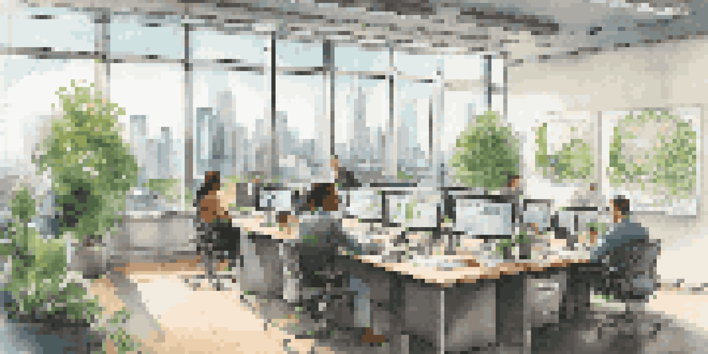 An urban office environment with diverse employees working together at a conference table, displaying financial reports on screens and a view of the city skyline.