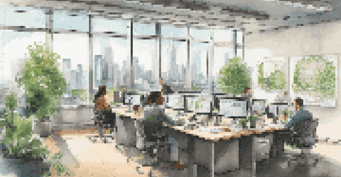 An urban office environment with diverse employees working together at a conference table, displaying financial reports on screens and a view of the city skyline.