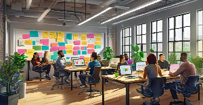 A lively workspace of a startup accelerator with entrepreneurs working together at a table, bright sunlight, and colorful decorations.