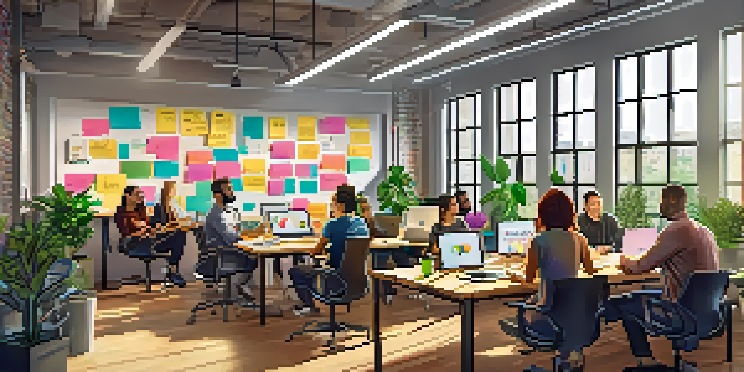 A lively workspace of a startup accelerator with entrepreneurs working together at a table, bright sunlight, and colorful decorations.