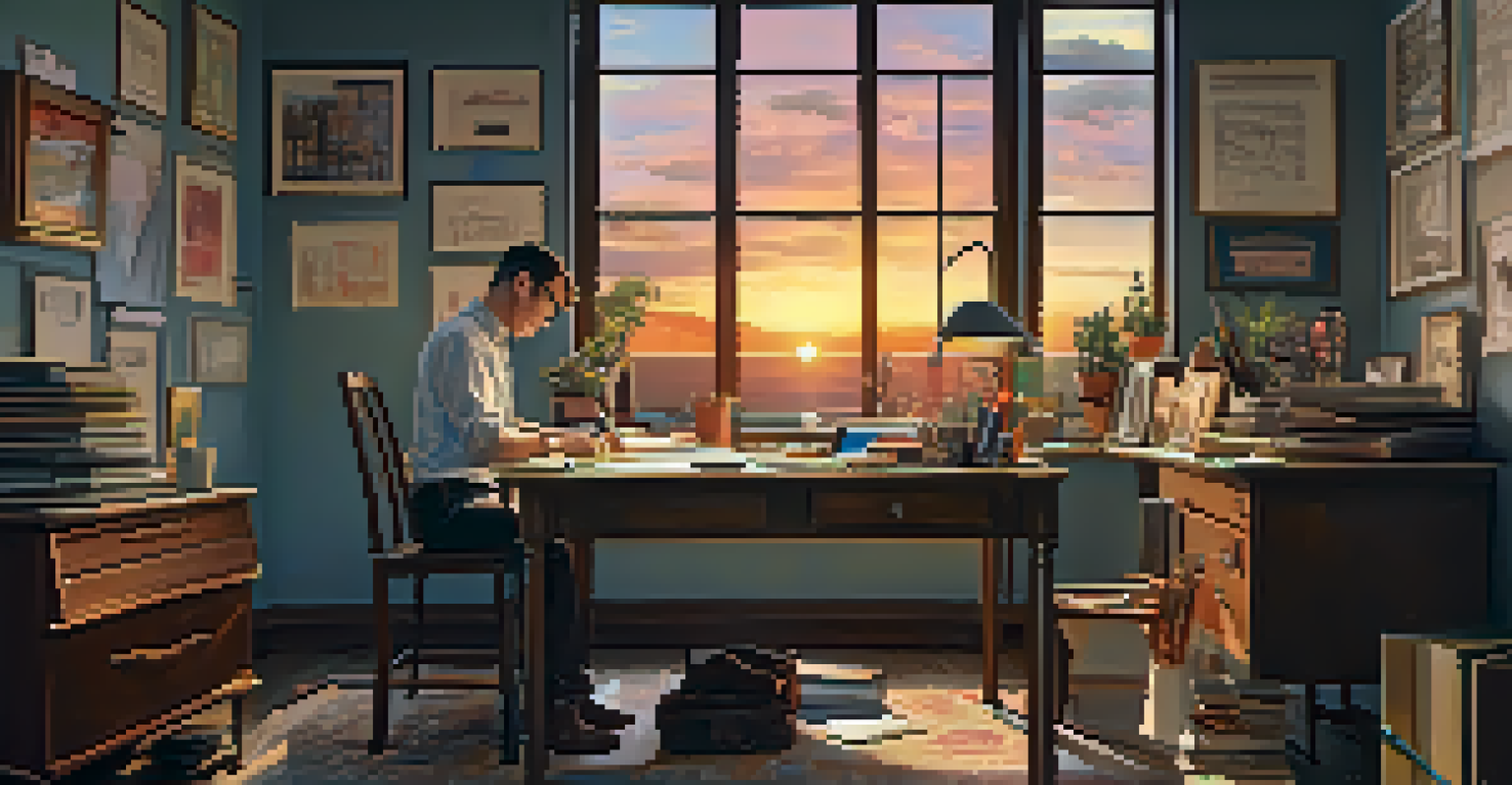 A designer at a vintage desk surrounded by sketches, tools, and a certificate of design rights, with a sunset view outside the window.