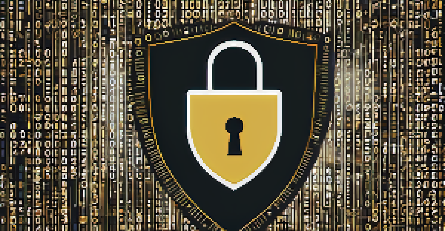 A shield symbol on a digital background with binary code and padlocks, representing data privacy and security.