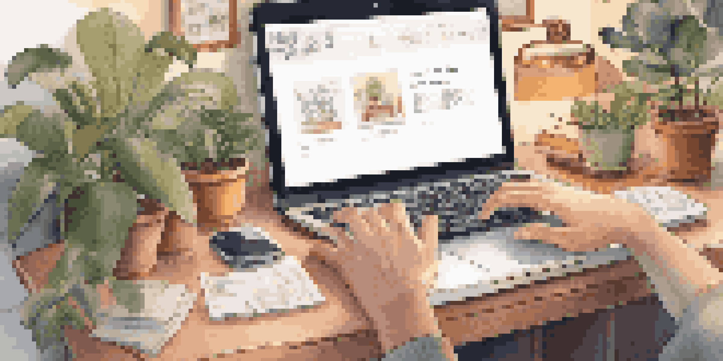 A cozy home office scene with hands typing on a laptop, surrounded by plants and motivational quotes, in warm lighting.