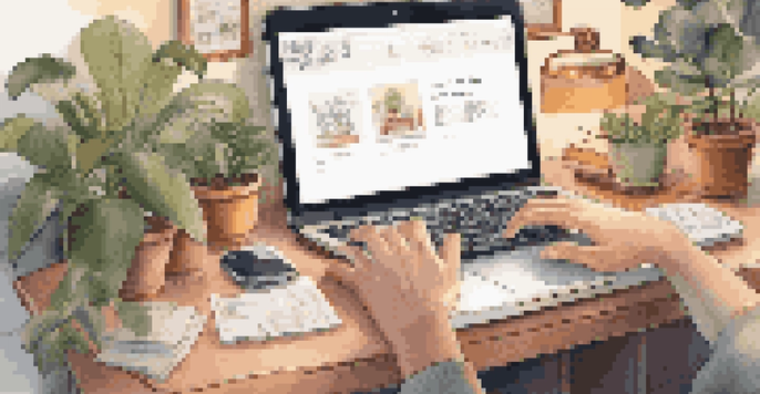 A cozy home office scene with hands typing on a laptop, surrounded by plants and motivational quotes, in warm lighting.