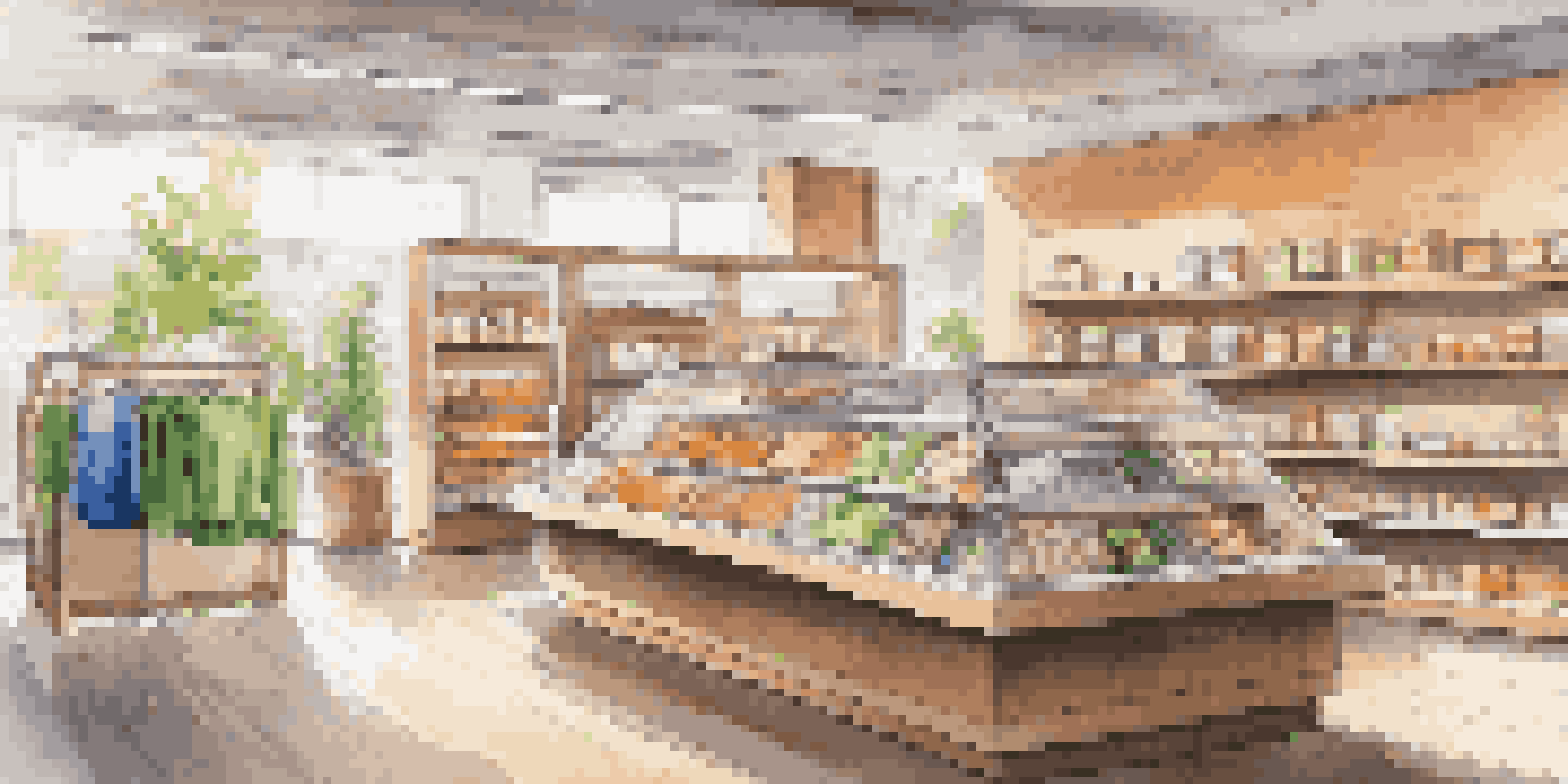 A modern retail store with shelves of products in eco-friendly packaging, illuminated by natural light and energy-efficient LED lights.
