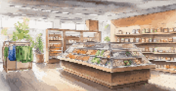 A modern retail store with shelves of products in eco-friendly packaging, illuminated by natural light and energy-efficient LED lights.