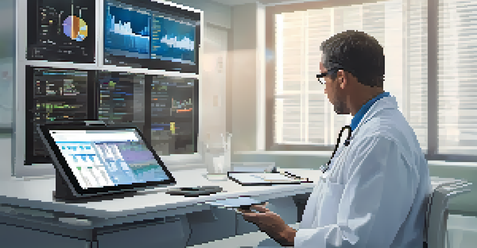 A healthcare professional in a clinic analyzing patient data on a tablet amidst charts and graphs.