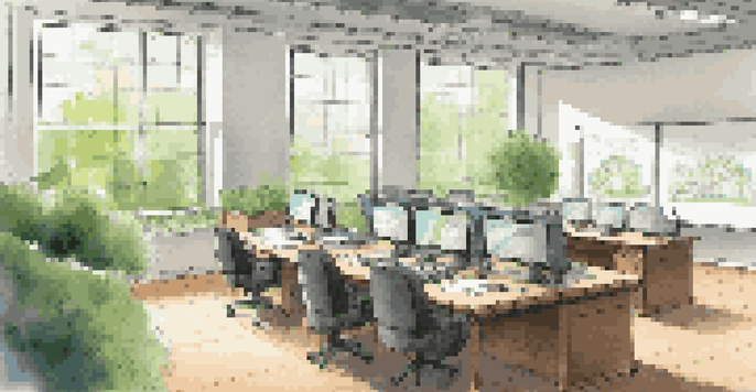 A bright and modern office space with a large table, laptops, and a whiteboard surrounded by greenery outside the windows.