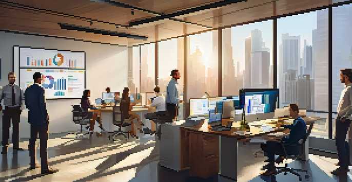 A diverse group of employees working together in a bright, modern office, focusing on a project with laptops and charts on display.